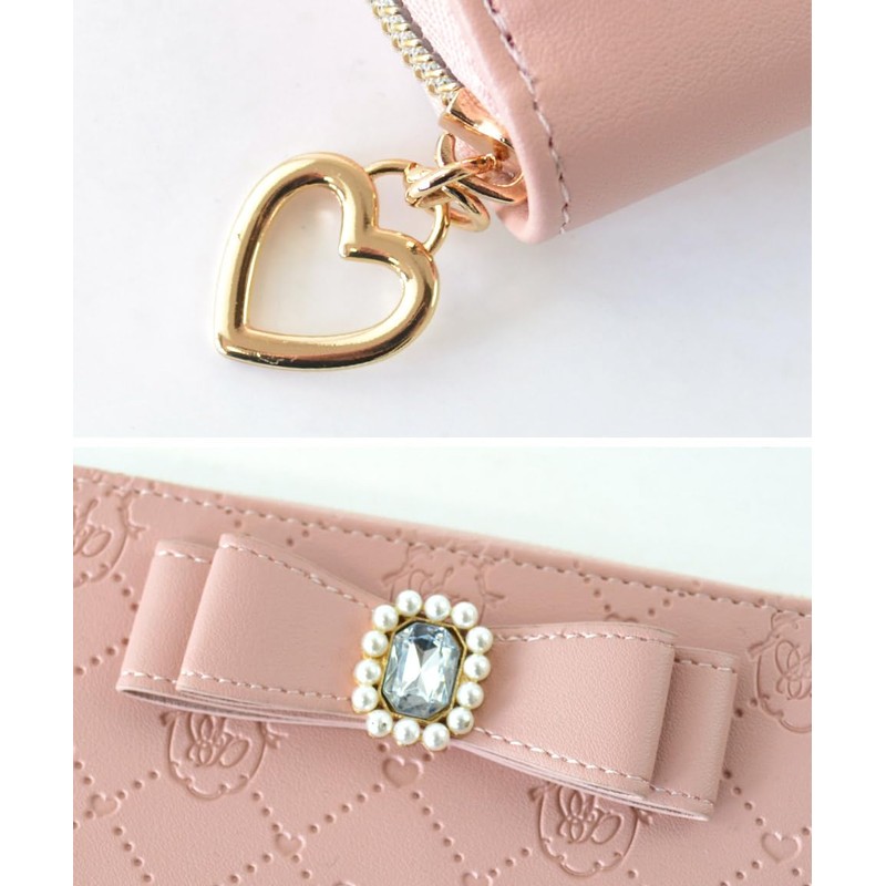 SecretDoor Women's Long Wallet, Cute, Ribbon, Bijou, Gold Zipper, Thin,