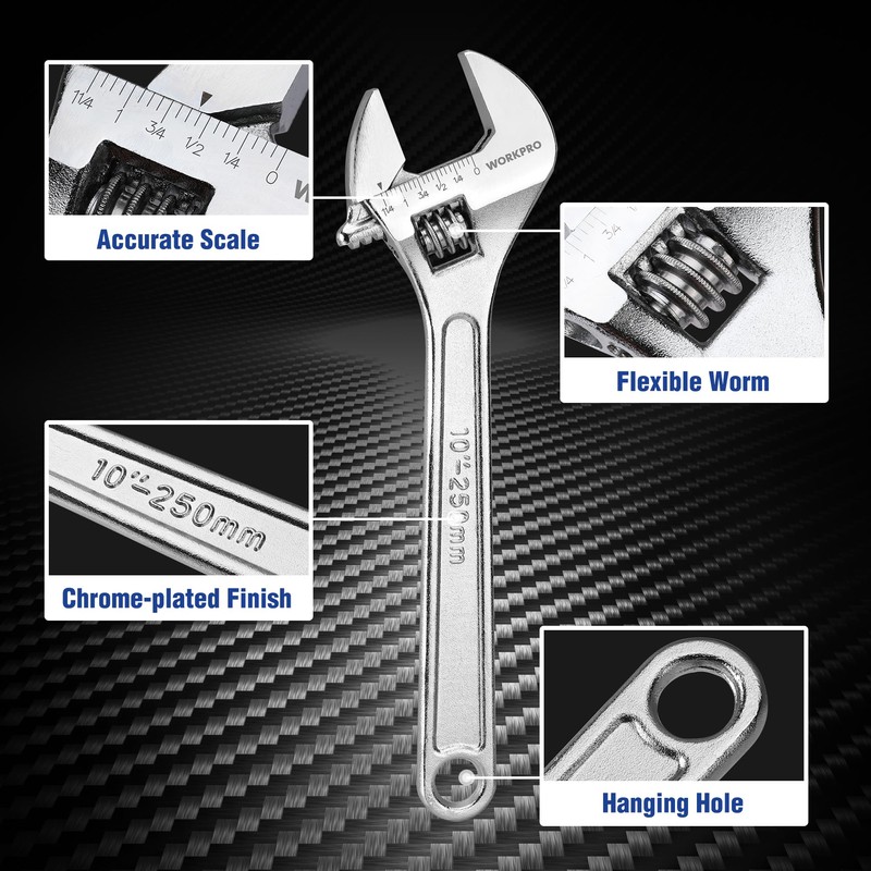 WORKPRO 4-piece Adjustable Wrench Set, Forged, Heat Treated, Chrome-plated (6-inch,