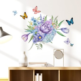 Traziewell Large Wall Paper Stickers Living Room Flower Wall Stickers Purple Flowers Butterflies Wall Sticker Removable Peel and Stick Wall Decals Butterfly Wall Art Decor for TV Wall Decoration 1811