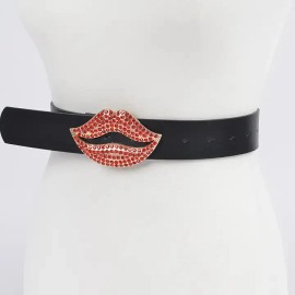 Fashion Women's  White Rhinestone Red/Gold  Lip Buckle Belt,  Width :1.5"  Length: 43"