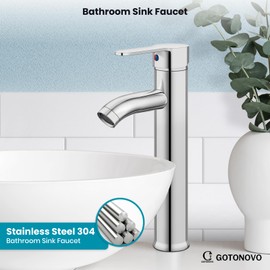 gotonovo Vessel Sink Faucet Modern Bathroom Faucet 1 Hole Deck Mount Lavatory Vanity Single Handle Mixer Tap with Water Supply Hoses and ABS Pop Up Drain Without Overflow, Polish Chrome