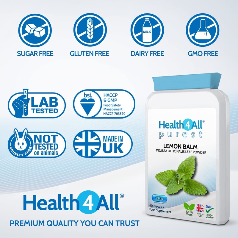 Health4All Lemon Balm 450mg 60 Capsules (V) (not Tablets) Purest-