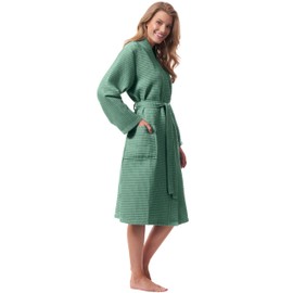 Morgenstern Paula Women's Lightweight Bathrobe 100% Cotton Waffle, Reed Green