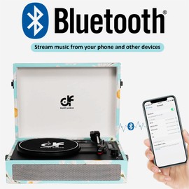 Vinyl Record Player Bluetooth with Built-in Speakers, Vintage Portable Suitcase Turntable 3-Speed with USB Recording Headphone/RCA/AUX Jack for Muisc Record Player Floral Blue