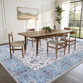 Vanmoos 8x10 Area Rugs for Living Room, Bedroom - Machine Washable, Non-Slip Bedside Rug, Large Soft Floor Carpet for Office, Dining Room, Farmhouse and Home Decor, Cozy Elegance/Blue