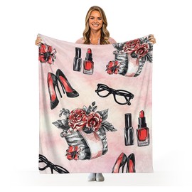 Cosmetic and Makeup Theme Throw Blanket, Perfume Lipstick Flower Blanket, Fashion Gift for Women, Flannel Fleece Ultra-Soft Micro Lightweight Cozy Comfort for Bedroom Couch Sofa Gift 50"x40"