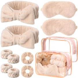 Hoteam 10 Pieces Spa Sleepover Party Supplies 2 Spa Headband 2 Wristbands 2 Plush Sleep Eye Mask 2 Velvet Scrunchies 2 Clear Cosmetic Bags for Skin Care Washing Face Makeup Slumber Spa Party (Khaki)