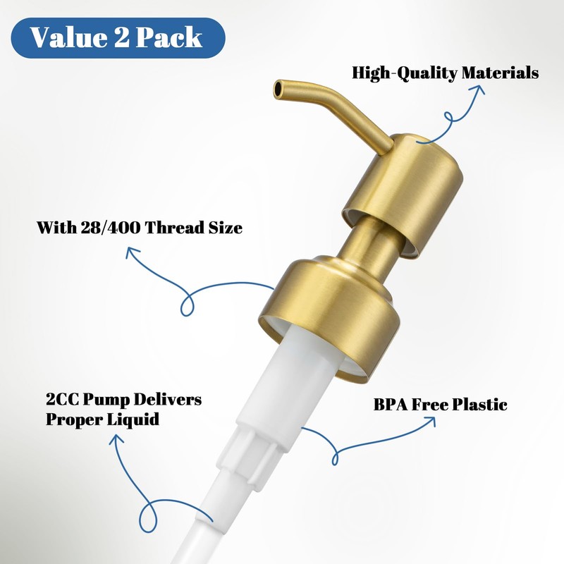 2 Pack Brushed Gold 304 Stainless Steel Soap Dispenser Pump