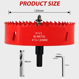 KACNON Hole Saw 120 mm, Universal High-Speed Steel HSS M42 Bi-Metal Hole Saws with Hex Shank and Drill, Complete Sizes, for Wood, Plastic, Plasterboard, Sheet Metal, Red