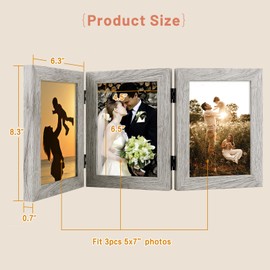 Golden State Art, 5x7 Three Picture Frame Trifold Hinged Photo Frame with 3 Openings, Desk Top Family Picture Collage, with Real Glass (5x7 Triple, Light Gray, 1-Pack)
