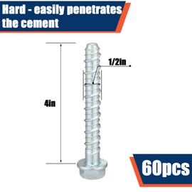 Tandefio 60 Pack 1/2" x 4" Concrete Screw Anchor Galvanized Large Diameter Heavy Duty Plated Concrete Anchors for Masonry Brick Anchoring Block Decking Framing Hex Drive