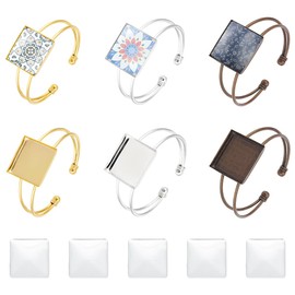 UNICRAFTALE 6Pcs 3 Colors Tray Blank Cuff Bangles Bracelet with Brass Cuff Adjustable Bezel Tray Blank Bangle with 6Pcs 25mm Square Glass Cabochon for Bangle Bracelets Jewelry Making