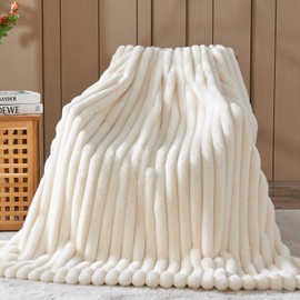 NEWCOSPLAY Faux Fur Throw Blanket Ivory 3D Ribbed Plush Thick Warm Blanket for Couch Sofa Bed 850GSM (Ivory Ribbed, Throw(50"x60"))