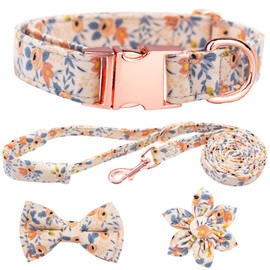HSIGIO Dog Collar and Leash Set Girls Adjustable Puppy Collars with Floral Bow Tie for Small Medium Large Female Dogs, Orange Flower, S