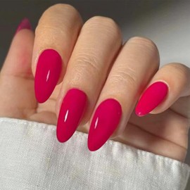 YOSOMMK Berry Red Acrylic Press on Nails Almond Shaped Medium Acrylic Fake Nails Press ons with Glue Artificial Stick on Nail Only One Color Glossy Cover Glue on False Nail for Women in 12 Sizes