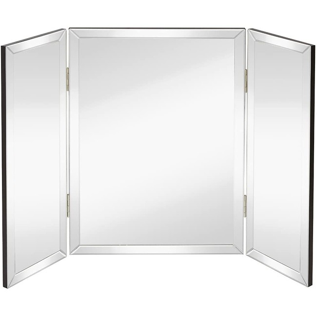 Hamilton Hills Trifold Vanity Mirror | Solid Hinged Sided Tri-fold Beveled Mirrored Edges | 3 Way Hangable on Wall or Tabletop Cosmetic & Makeup Mirror 28" x 40"