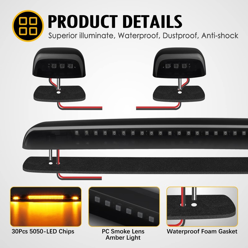Partsam 3Pcs Smoked Lens Amber Cab Marker Lights Replacement for