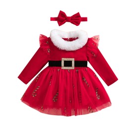 MAHUAOYIXI Baby Girl Christmas Tulle Dress Christmas Princess Lace Dress Christmas Dresses for Baby Girls with Headband Long Sleeve Ruffle Christmas Dress with Belt, red