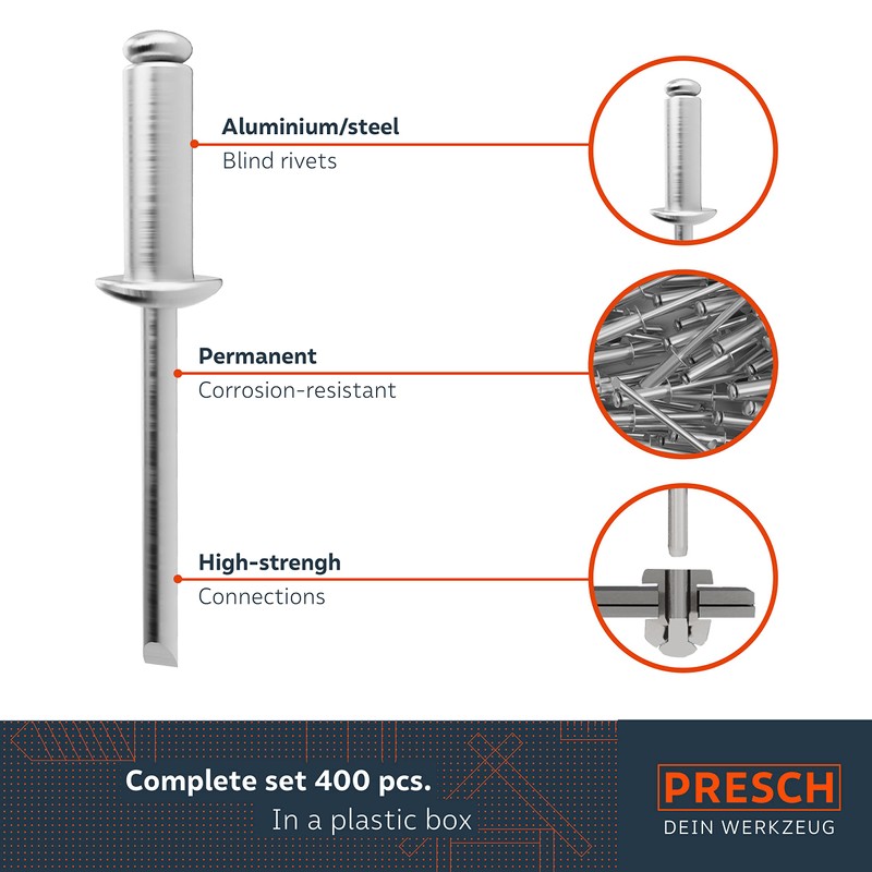 Presch Blind Rivets Assortment 400 pcs. - Complete Set of