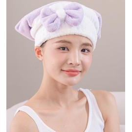 2 Pack Microfiber Hair Drying Towels, Super Absorbent Turban Hair Towel Cap, Quick Dry Head wrap with Bow-Knot Shower Cap for for Curly, Long, Thick Hair & Wet Hair (Pink，Purple, 25 * 23CM)