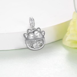 Cujiesp 925 Sterling Silver Lucky Cat Charm - Cat Charm for Bracelet&Necklace, Maneki Neko Good Luck Charms, Cute Animal Bead for Women