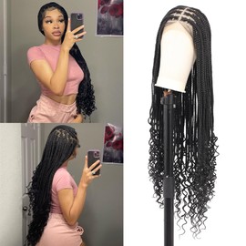 Fecihor 36 Inch 13X8 HD Lace Front Box Braided Wigs With Boho Curly Ends Knotless Braided Wig For Women Human Hair Blended Braids Lace Front Wig With Baby Hair Natural Black
