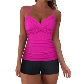 Hilor Plus Size Tankini Bathing Suits for Women Large Bust Two Piece Underwire Swimsuits Tummy Control Swimwear Hot Pink 18