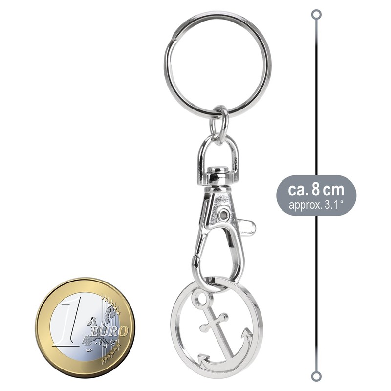 com-four® Metal Keyring with Carabiner and Shopping Trolley Token with