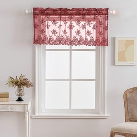 Kotile Burgundy Lace Valance for Windows 1 Panel Country Rustic Floral Knitted Sheer Valance Curtain for Windows Over Sink, Rod Pocket Privacy Light Filtering Short Curtain 18 Inch Length, 52 x 18 in