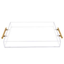 12"x16" Clear Acrylic Serving Tray with Golden Handles, Sturdy Huge Capacity Acrylic Tray for Coffee, Juice, Kitchen and Desk Organizer, Storage Tray (12"x16")