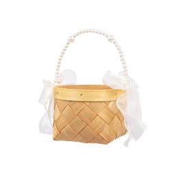 Flower Girl Basket for Wedding, Woven Storage Basket with Handle Wedding Basket for Flower Girls(Wood-01)