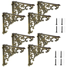 Lounsweer 8 Pcs Heavy Duty Antique Brass Shelf Brackets 8'' Wall Mounted Shelf Brackets Decorative Floating Rack Shelving Hardware for Kitchen Bathroom Home Cabinet Shelves Support (Classic)