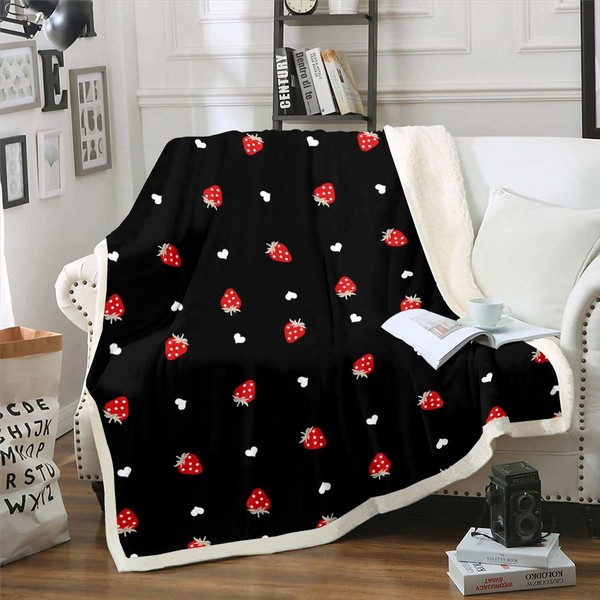 Kawaii Strawberry Decor Throw Blanket - Red Fleece Sherpa Blanket,