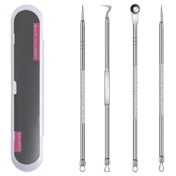 Acne Needle Set, Set of 4, Pore Care Kit, Acne Removal, Blackhead Removal, Corner Plug Pusher, Antibacterial Stainless Steel, Beauty Tool, Storage Case Included, Convenient to Carry, Silver
