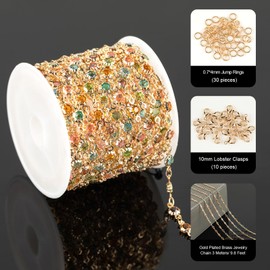 YOUBEIYEE 3 Meters Colorful Rhinestone Jewelry Chain Gold Plated Brass Chain for Jewelry Making Mixed Color Glass Bead Flower Craft Chain Roll