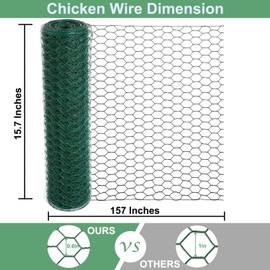 Mklsit Chicken Wire for Floral Arrangements, 15.7 x 157 Inches Green Mesh, 0.6 Inch Hexagonal Galvanized PVC Coated Netting Fence for Crafts, Poultry, Garden