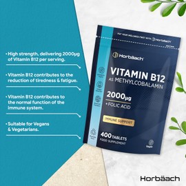 Vitamin B12 Tablets High Strength 2000mcg with Folic Acid | 400 Count | Vitamin B12 as Methylcobalamin | Vegan Supplement | by Horbaach