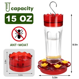 Glass Hummingbird Feeders for Outdoors Hanging Ant and Bee Proof, 1 Pack 15 Ounces Red Hummingbird Feeder with 5 Feeding Ports and Perches, Built-in Ant Moat, Outside Garden Décor (Glass, 1)