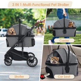 TODEFULL Pet Stroller with 4 Wheels, 3 in 1 Folding Puppy Strollers for Small/Medium Dogs Cats up to 50lbs, Lightweight Pet Travel Carrier with Detachable Cushion, Storage Basket and Cup Holder, Gray