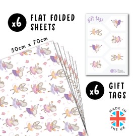 Mouse Wrapping Paper - 6 Sheets Of Gift Wrap For Her - Ballerina Mouse Rainbow Heart Design - White Wrapping Paper - Comes With Stickers - Recyclable - By Central 23