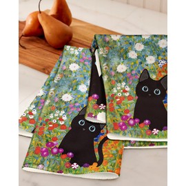 Miss Adola Cute Kitchen Towels Set of 2 - Dish Towels 18 x 26 Inch Microfiber Tea Towel for Home Decorative Black Cat Flower Spring Soft Reusable & Absorbent Aesthetic Vintage Design