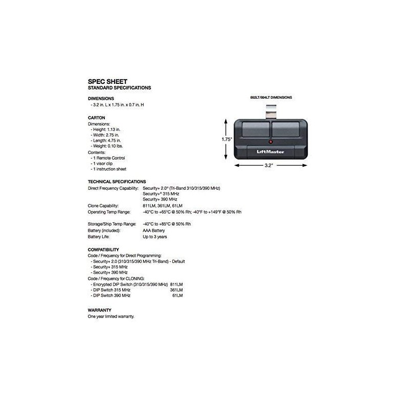 LiftMaster 892LT Two-Button Security+ 2.0 Learning Garage Door Opener Remote