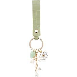Aimery - Llavero de piel con diseño de lirio del valle para mujeres y niñas, Correa verde zacate y cierre dorado, Medio