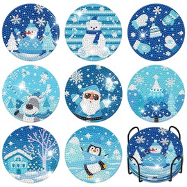 FYting Pack of 8 Diamond Painting Coasters, Diamond Painting Adults with Coaster Holder, DIY Ice and Snow Kingdom Coasters, Santa, Elk, Penguin, Snowman, Christmas (Blue)