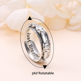 Ladytree Lotus Anxiety Relieve Spinner Rings Just Breathe Yoga Flower Fidget Ring Wide Band Oxidized Sterling Silver ADHD Stress Relieving Ring for Women(9)