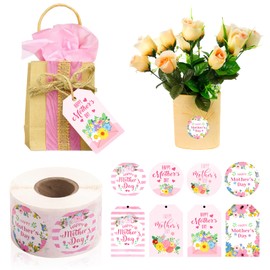 600PCS Happy Mother's Day Gift Tags and Stickers, 4 Styles Floral Hanging Labels with String 500PCS 1.5” Adhesive Labels for Mother's Day Business Personal Decorative Gift Wrapping