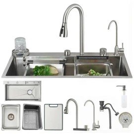 Fregadero de Cocina WEGOPAI 80x45cm de Acero Inoxidable con Grifo Cascada y Accesorios
