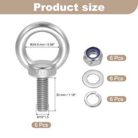 sourcing map Lifting Shoulder Eye Bolt M10 x 30 mm, 304 Stainless Steel Ring Shape Male Thread Eyebolt with Nuts Washers for Engineering Port Marine Hanging Pack of 6