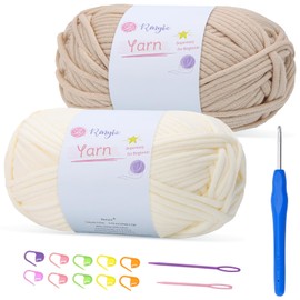 100gx2 Chunky Cotton Crochet Yarn with 4mm Hook, Soft Non-Split Thick Yarn for Amigurumi DIY Gifts, Home Decor, Beginner Projects (Beige+OffWhite)