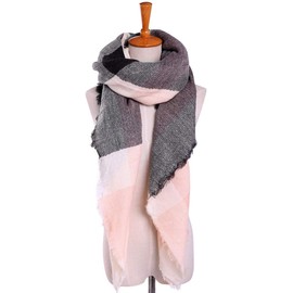 Boolavard Plaid Cashmere Feel Classic Soft Luxurious Winter Scarf For Men Women, Grey / Pink, Length:55",Width:55"
